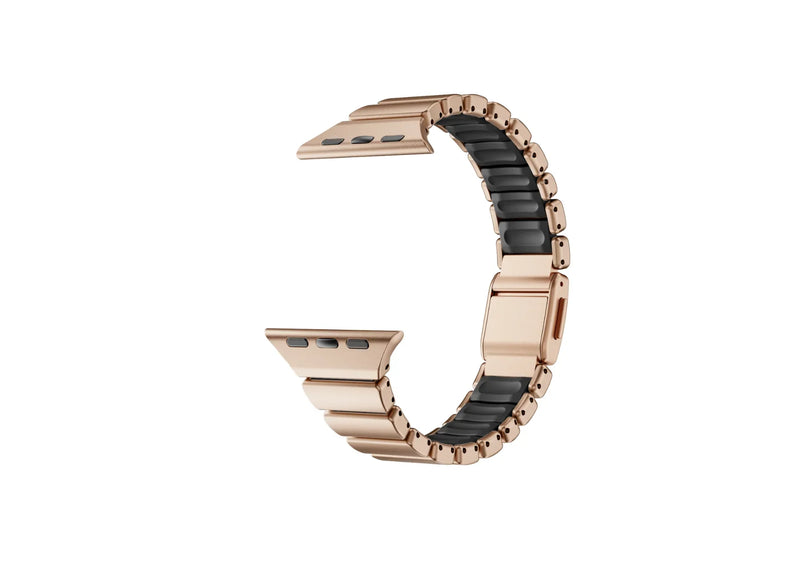 Rear view of the gold Fusion Apple Watch strap showcasing premium stainless steel construction, soft black silicone comfort lining and secure butterfly clasp for Apple Watch Ultra 3, Series 11 and Apple Watch SE.