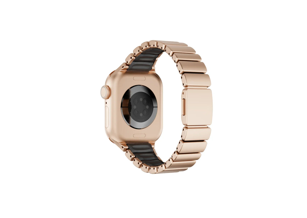 Front view of the gold and black Fusion stainless steel Apple Watch strap featuring elegant gold metal links and modern styling, compatible with Apple Watch Ultra 3, Ultra 2, Series 11, Series 10 and Apple Watch SE.