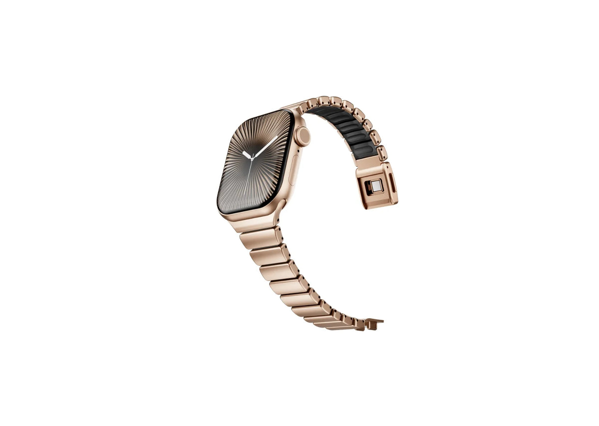 Close-up of the premium butterfly deployment clasp on the gold stainless steel Apple Watch strap featuring precision locking mechanism, elegant gold finish and durable stainless steel construction.
