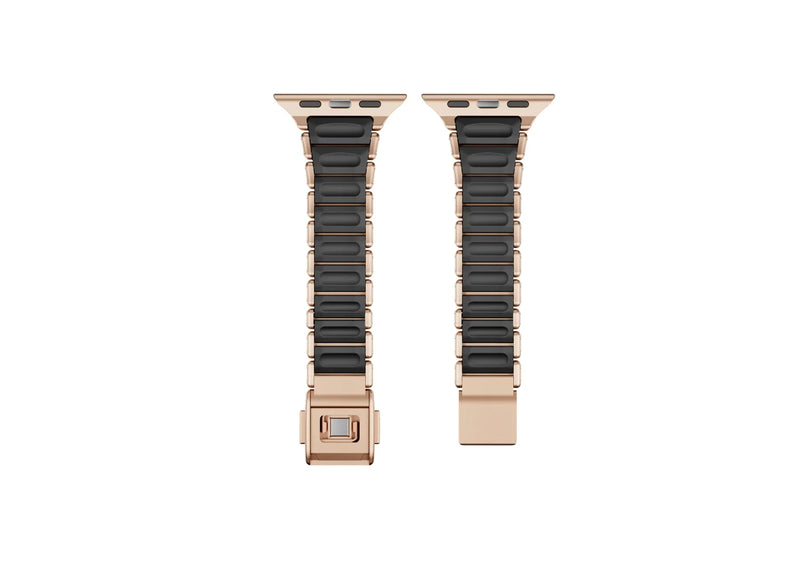 Detailed close-up of the butterfly clasp on the gold and black Apple Watch strap showcasing premium stainless steel craftsmanship, precision engineering and secure locking mechanism.