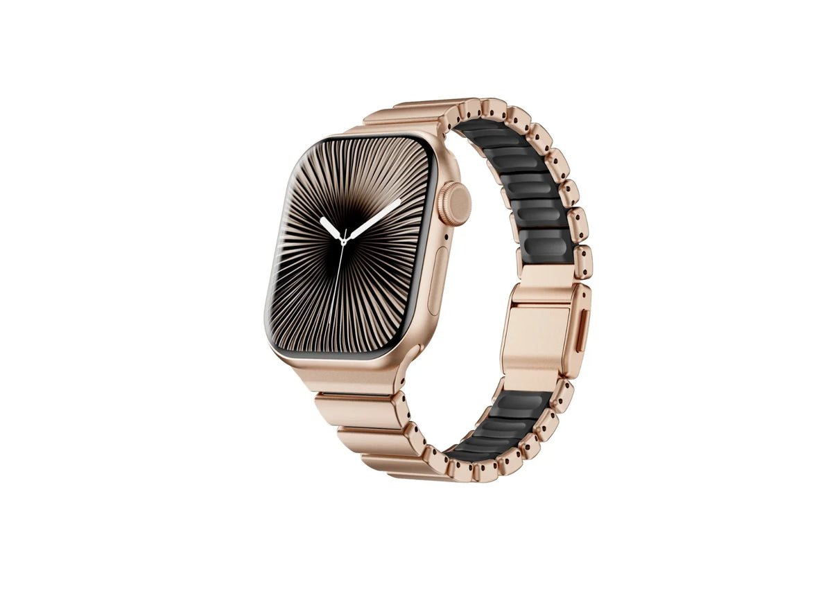 Perspective view of the gold Fusion Apple Watch strap with black silicone comfort lining and butterfly clasp shown open, highlighting flexible links and secure locking design for Apple Watch Ultra and Series 11.
