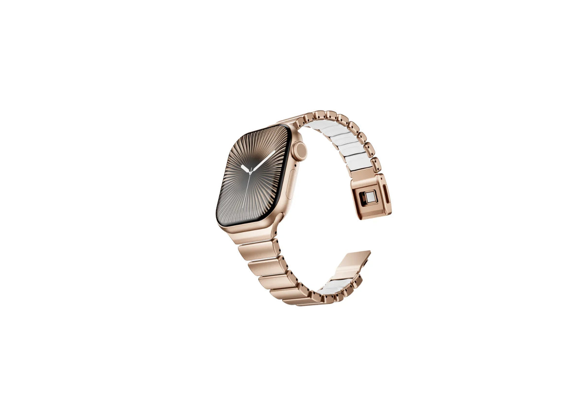 Gold and ivory Fusion stainless steel Apple Watch strap for women featuring premium stainless steel outer links, soft ivory silicone comfort lining and secure butterfly clasp, compatible with Apple Watch Ultra 3, Ultra 2, Ultra, Series 11, Series 10, Series 9, Series 8 and Apple Watch SE.