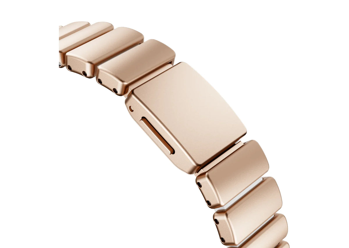 Exterior view of the gold Fusion stainless steel Apple Watch strap featuring elegant rose gold metal links and premium butterfly deployment clasp, compatible with Apple Watch Ultra 3, Series 11, Series 10 and Apple Watch SE.
