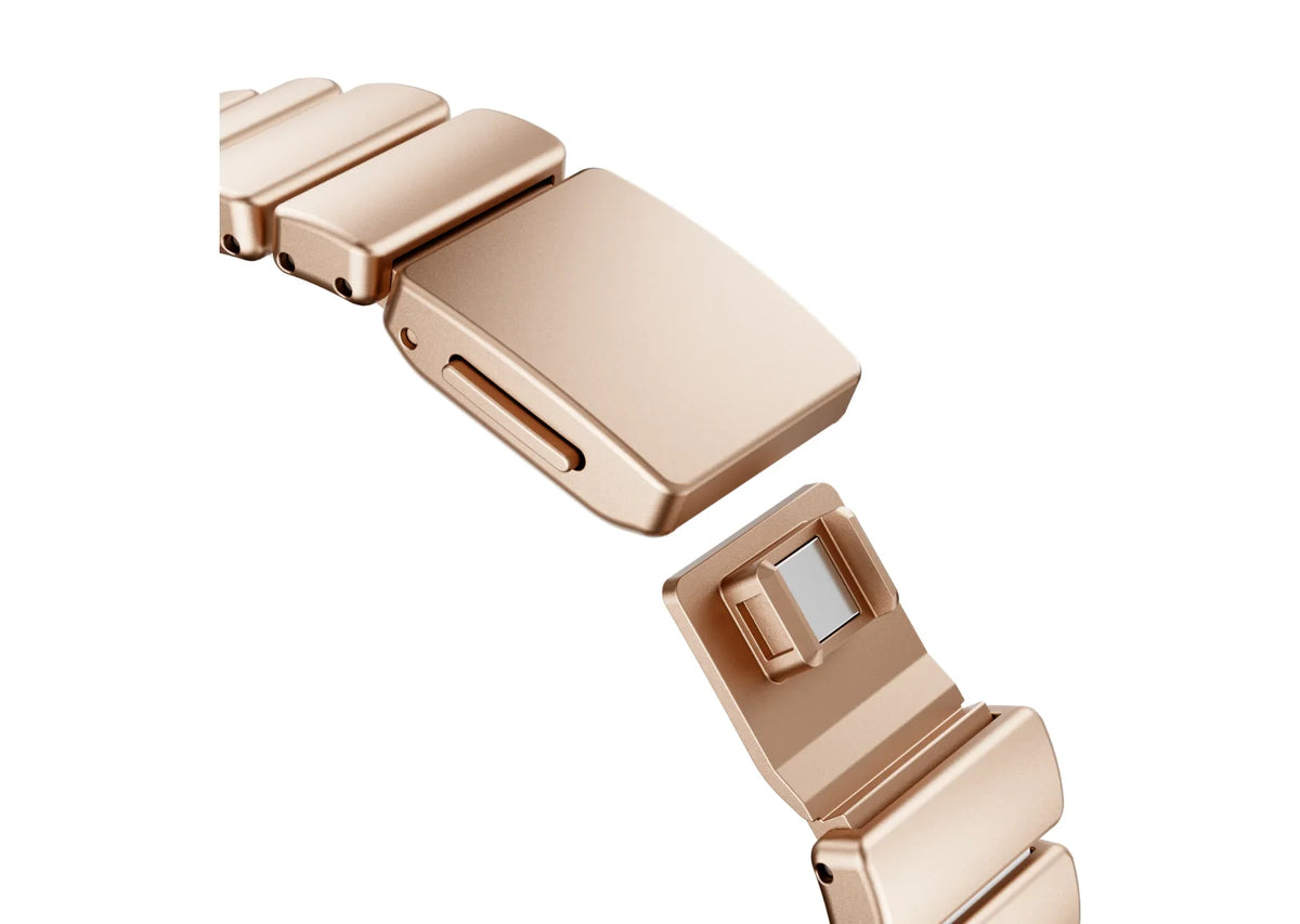 Interior view of the gold stainless steel Apple Watch strap showing soft ivory silicone lining for enhanced comfort, sweat resistance and all-day wear with Apple Watch Ultra 3, Series 11, Series 10 and Apple Watch SE.