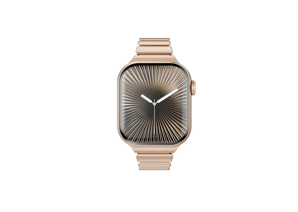Side profile of the gold and ivory Fusion Apple Watch band highlighting premium stainless steel links, soft ivory silicone interior and secure butterfly clasp for Apple Watch Ultra 3, Series 11, Series 10 and Apple Watch SE.