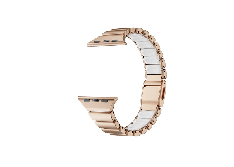 Front view of the gold and ivory Fusion stainless steel Apple Watch strap featuring elegant rose gold metal links and feminine styling, compatible with Apple Watch Ultra 3, Ultra 2, Series 11, Series 10 and Apple Watch SE.