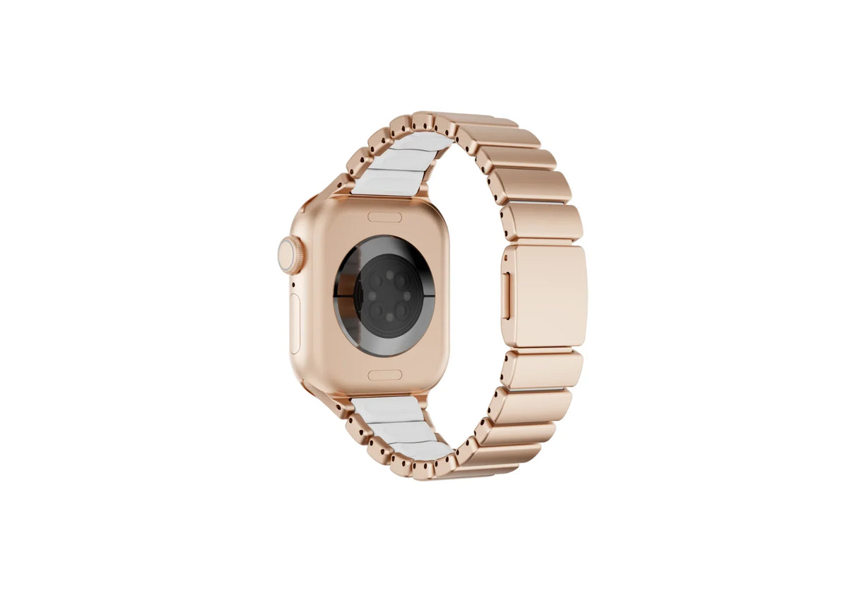 Rear view of the gold Fusion Apple Watch strap showcasing premium stainless steel construction, soft ivory silicone comfort lining and secure butterfly clasp for Apple Watch Ultra 3, Series 11 and Apple Watch SE.