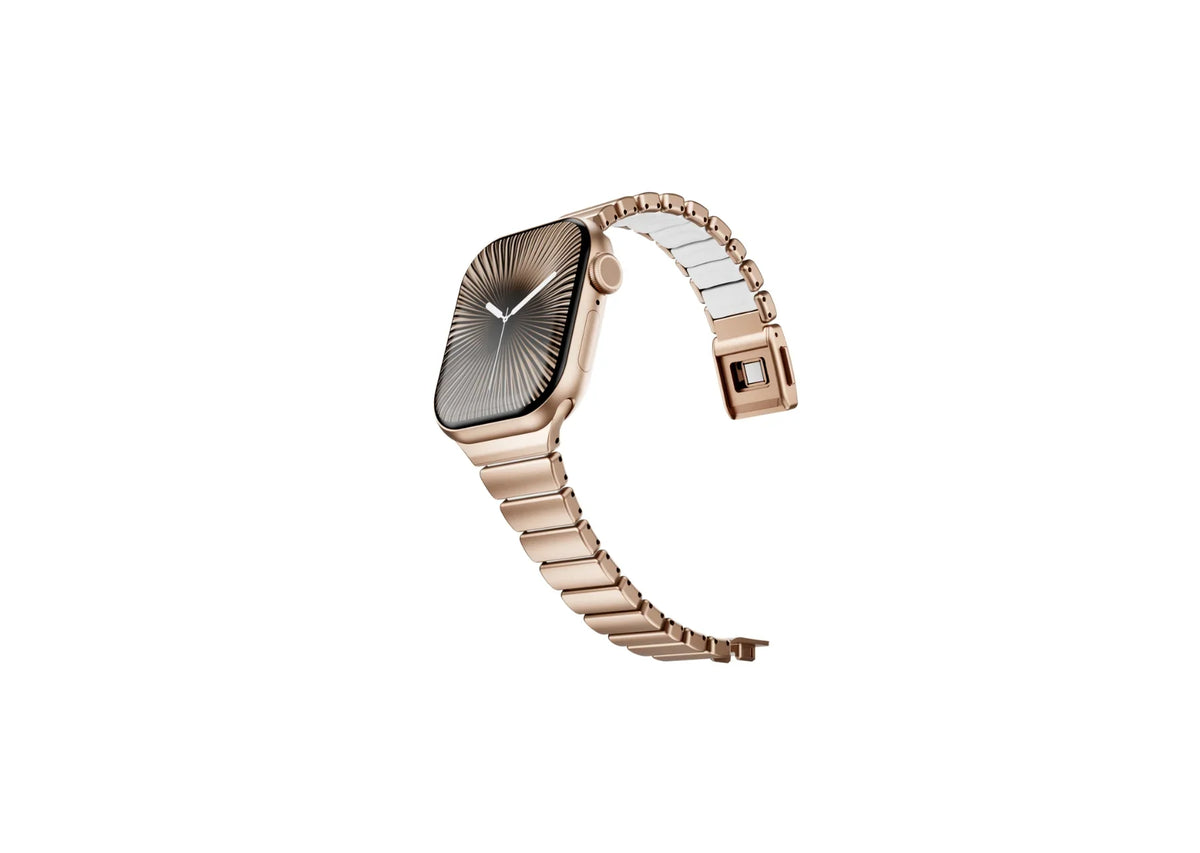 Close-up of the premium butterfly deployment clasp on the gold stainless steel Apple Watch strap featuring precision locking mechanism, elegant gold finish and durable stainless steel construction.