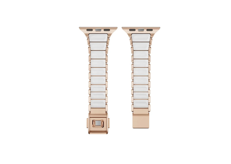 Detailed close-up of the butterfly clasp on the gold and ivory Apple Watch strap showcasing premium stainless steel craftsmanship, precision engineering and secure locking mechanism.