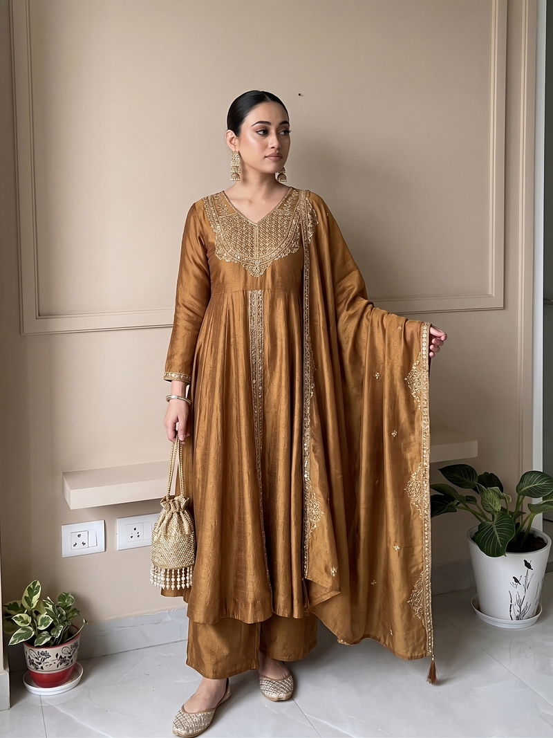 Golden Silk Embroidered Anarkali Suit Set with Dupatta