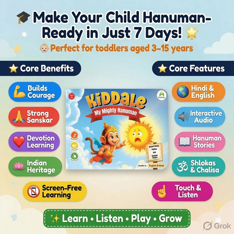 Hanuman Musical Story Book (3–15 Yrs) | Hindi & English Audio | Stories + Shlokas + Chalisa | Teach Courage, Devotion & Sanskar to Kids