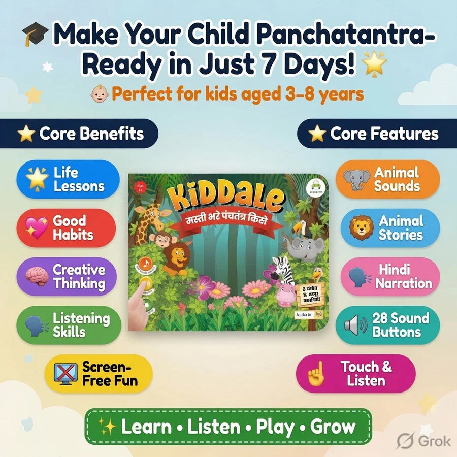 Kiddale Interactive Hindi Story Book 🐒🦁 | 28 Sound Buttons with 8 Panchatantra Tales for Toddlers