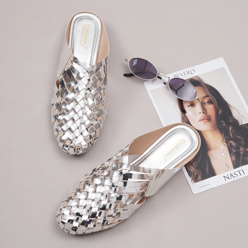 Shiny Silver Criss-cross Chromium Mules-3