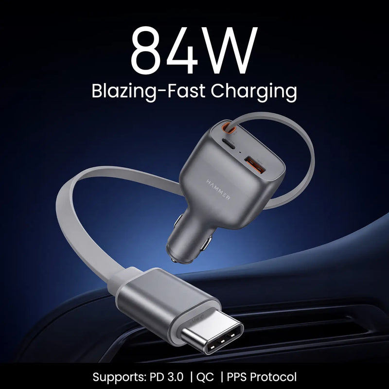 HAMMER 84W 3 in 1 Car Charger, 85 cm Retractable Cable (33W Type-C PD), Dual Port (18W USB Type-A & 33W Type-C) for Laptop, Android, iPhone, Earbuds-3