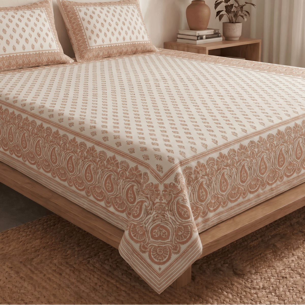 Hand Printed Cotton Bedsheet Set with 2 Pillow Covers in Peach and Off White | King Size 108 x 108 Inches