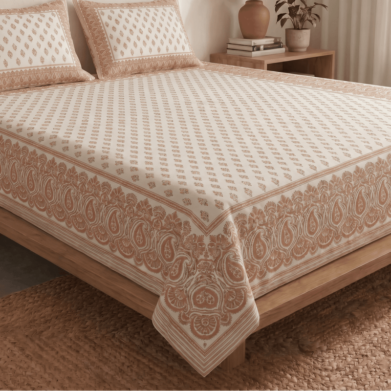 Hand Printed Cotton Bedsheet Set with 2 Pillow Covers in Peach and Off White | King Size 108 x 108 Inches