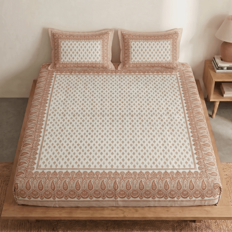Hand Printed Cotton Bedsheet Set with 2 Pillow Covers in Peach and Off White | King Size 108 x 108 Inches
