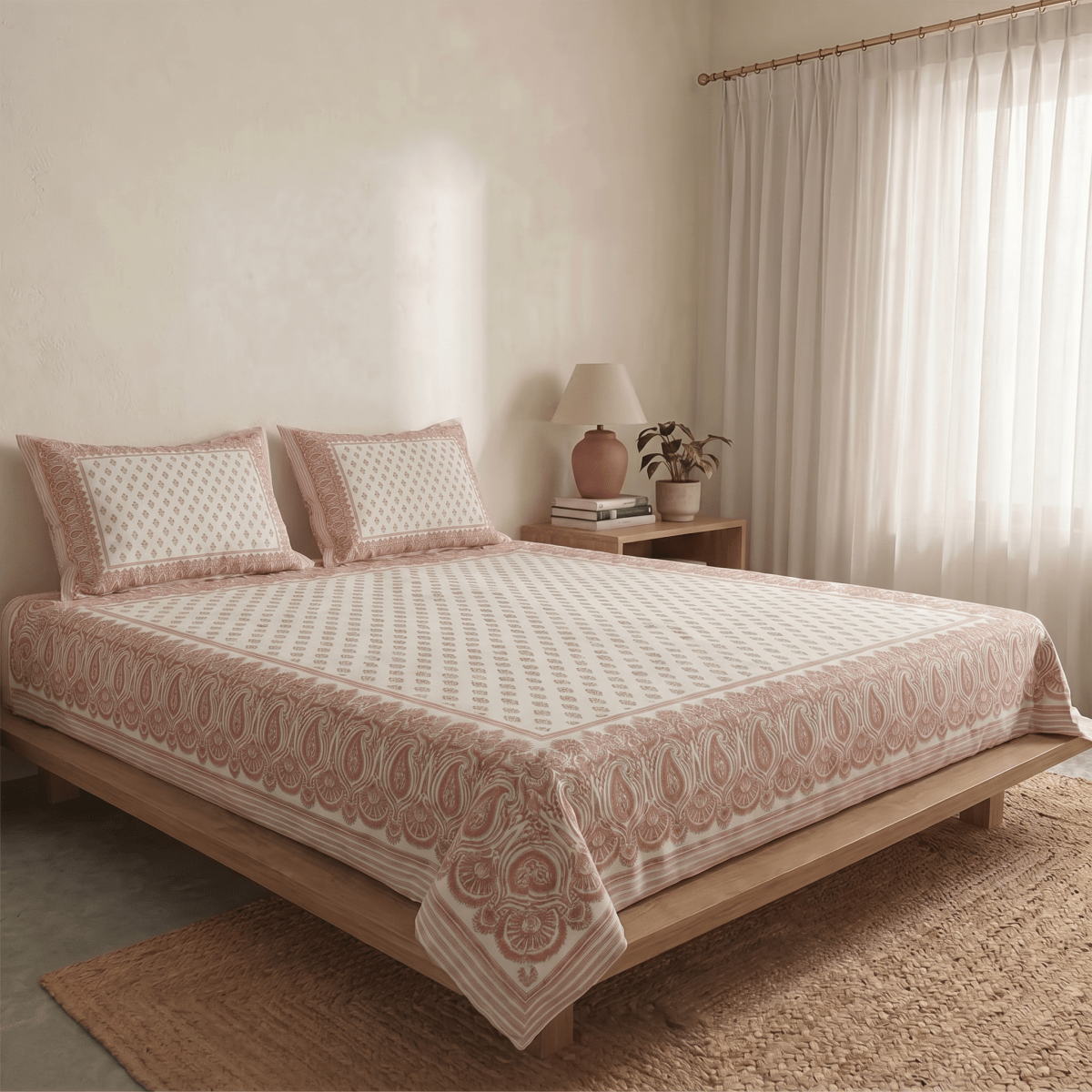 Hand Printed Cotton Bedsheet Set with 2 Pillow Covers in Peach and Off White | King Size 108 x 108 Inches