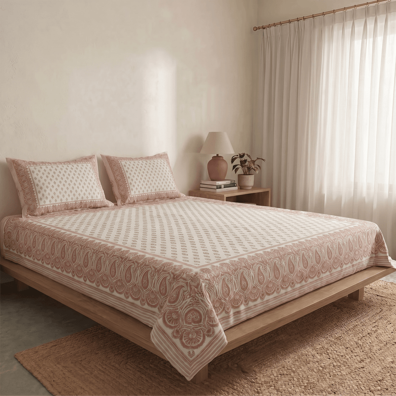 Hand Printed Cotton Bedsheet Set with 2 Pillow Covers in Peach and Off White | King Size 108 x 108 Inches