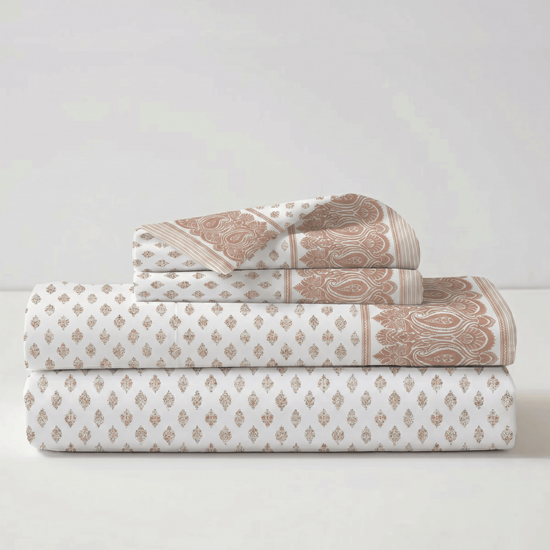 Hand Printed Cotton Bedsheet Set with 2 Pillow Covers in Peach and Off White | King Size 108 x 108 Inches
