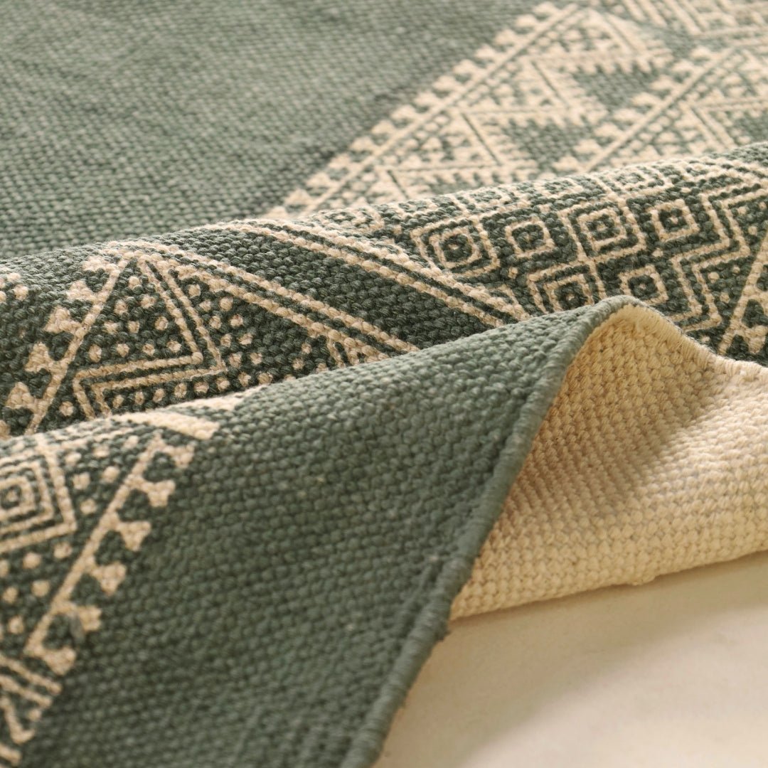Cotton Floor Rug for Living Room and Bedroom handprinted in Jaipuri Olive Green design| Soft Washable Area Rug