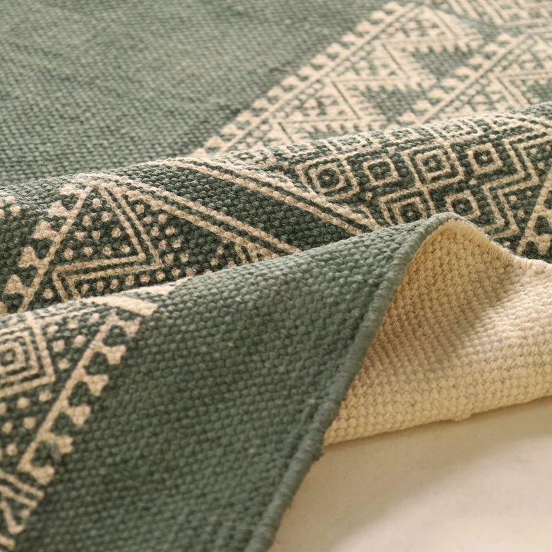 Cotton Floor Rug for Living Room and Bedroom handprinted in Jaipuri Olive Green design| Soft Washable Area Rug