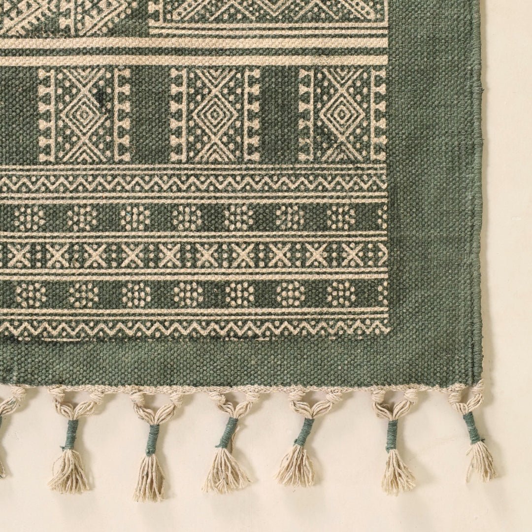 Cotton Floor Rug for Living Room and Bedroom handprinted in Jaipuri Olive Green design| Soft Washable Area Rug