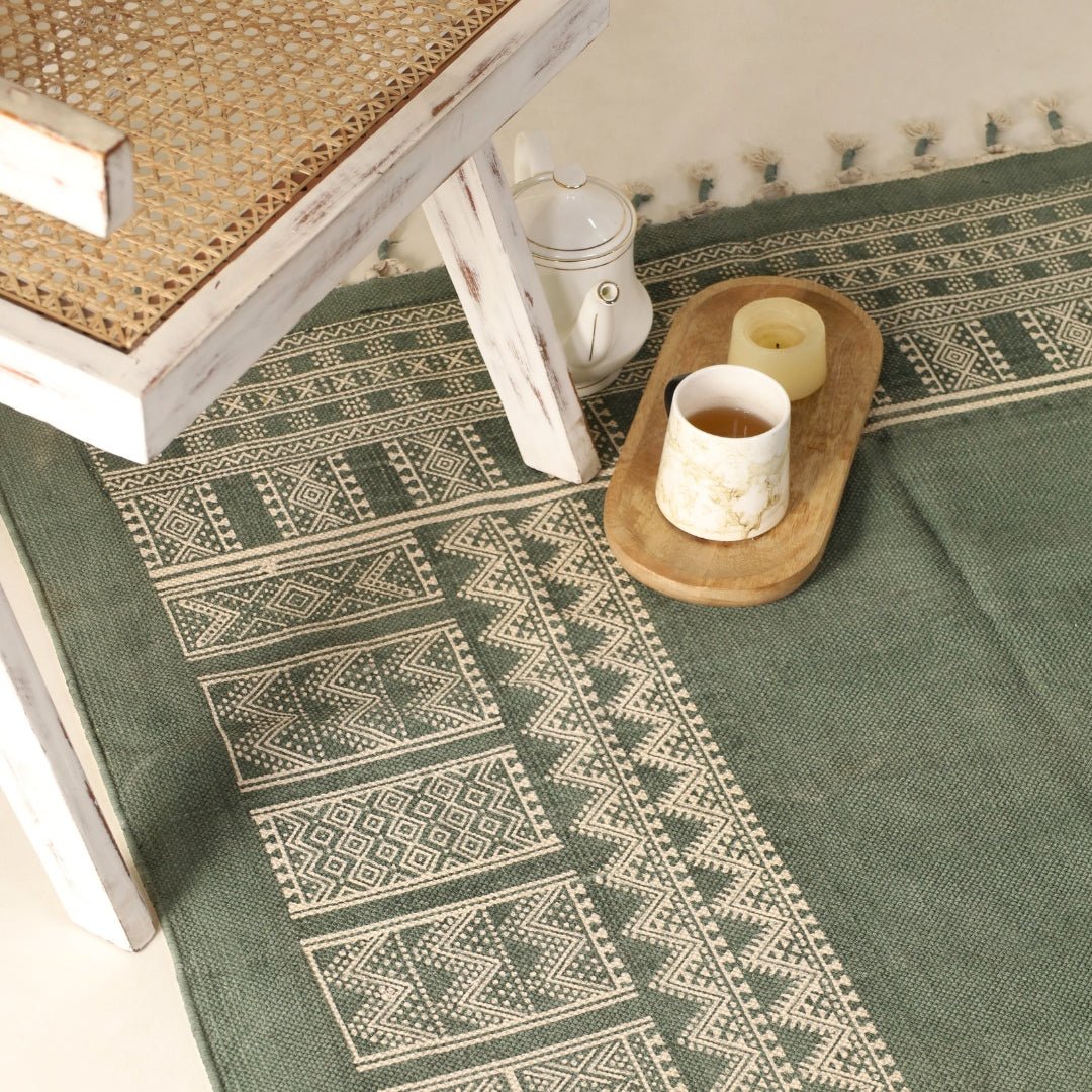 Cotton Floor Rug for Living Room and Bedroom handprinted in Jaipuri Olive Green design| Soft Washable Area Rug