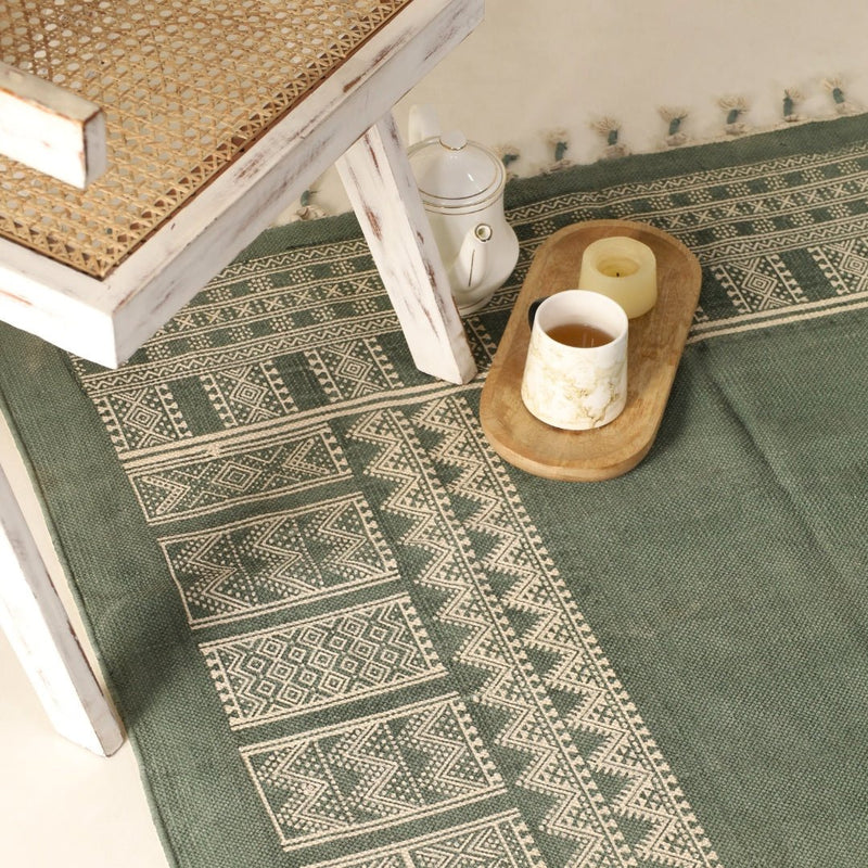Cotton Floor Rug for Living Room and Bedroom handprinted in Jaipuri Olive Green design| Soft Washable Area Rug