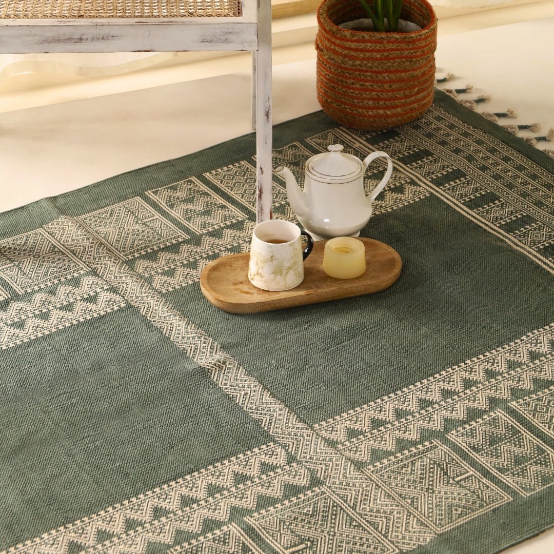 Cotton Floor Rug for Living Room and Bedroom handprinted in Jaipuri Olive Green design| Soft Washable Area Rug