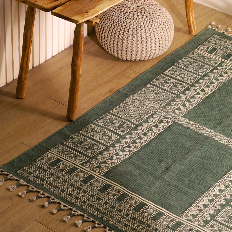 Cotton Floor Rug for Living Room and Bedroom handprinted in Jaipuri Olive Green design| Soft Washable Area Rug