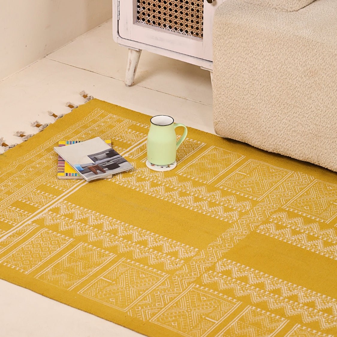 Cotton Floor Rug for Living Room and Bedroom handprinted in Jaipuri honey mustard design| Soft Washable Area Rug