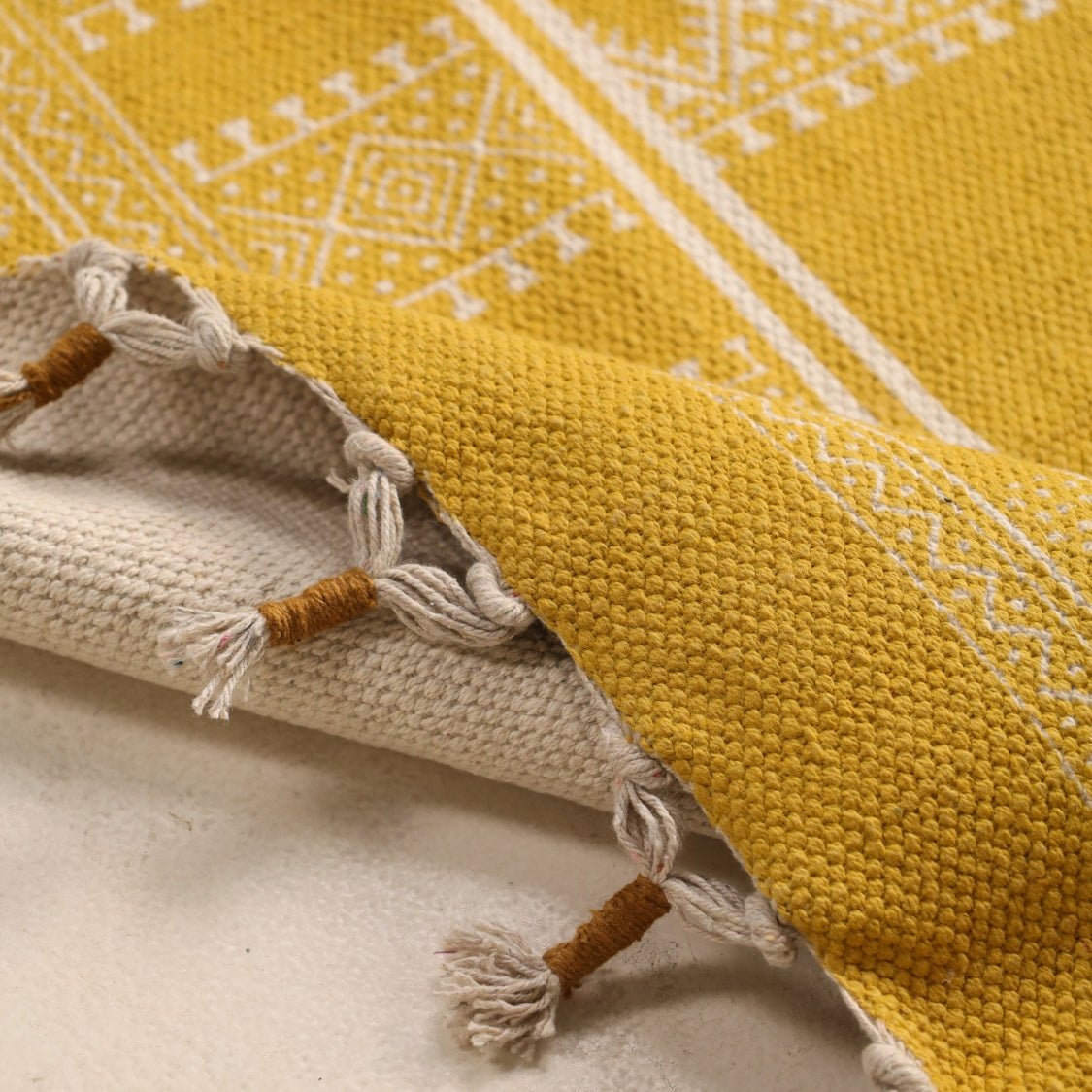 Cotton Floor Rug for Living Room and Bedroom handprinted in Jaipuri honey mustard design| Soft Washable Area Rug