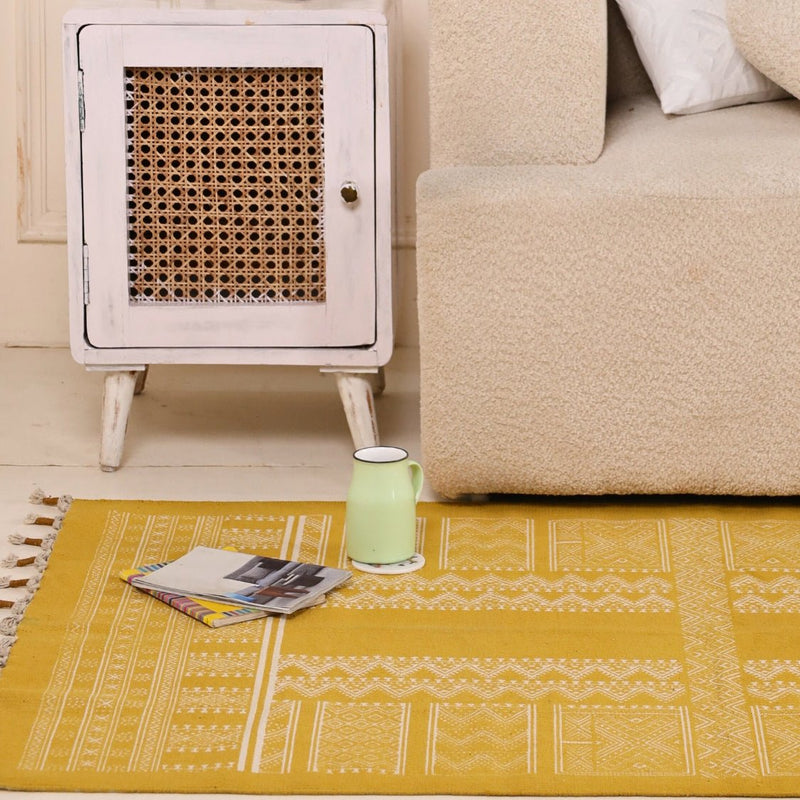 Cotton Floor Rug for Living Room and Bedroom handprinted in Jaipuri honey mustard design| Soft Washable Area Rug