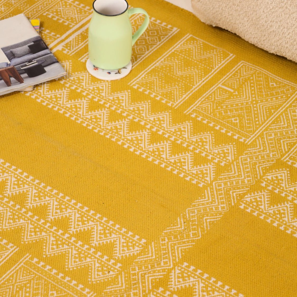 Cotton Floor Rug for Living Room and Bedroom handprinted in Jaipuri honey mustard design| Soft Washable Area Rug