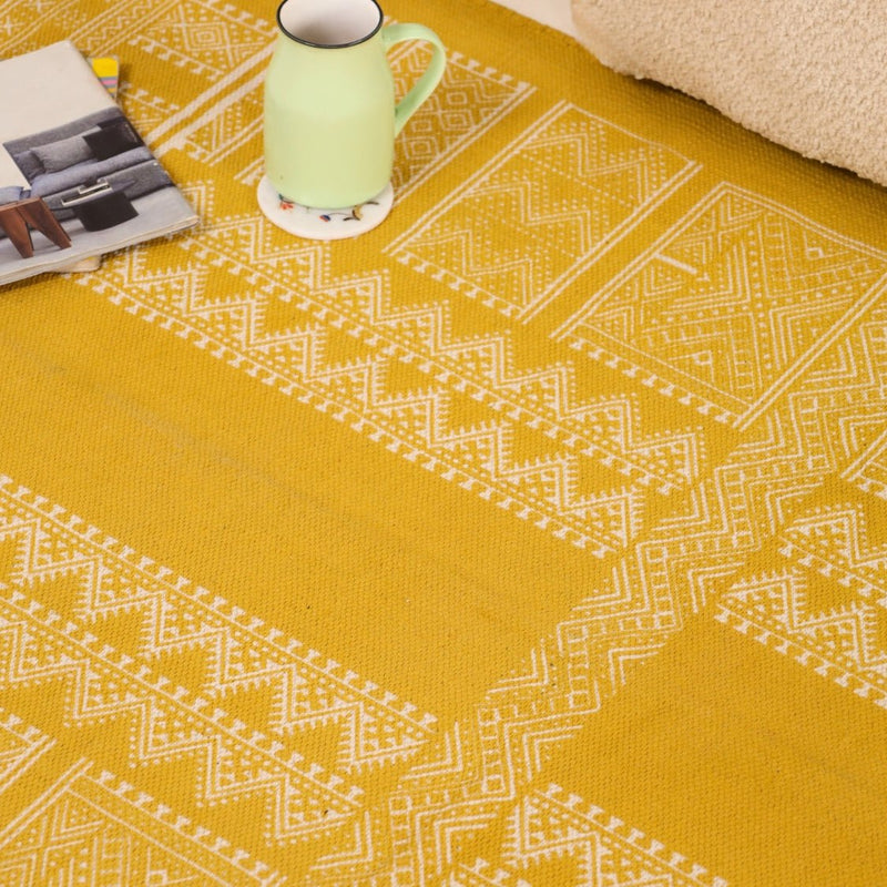 Cotton Floor Rug for Living Room and Bedroom handprinted in Jaipuri honey mustard design| Soft Washable Area Rug