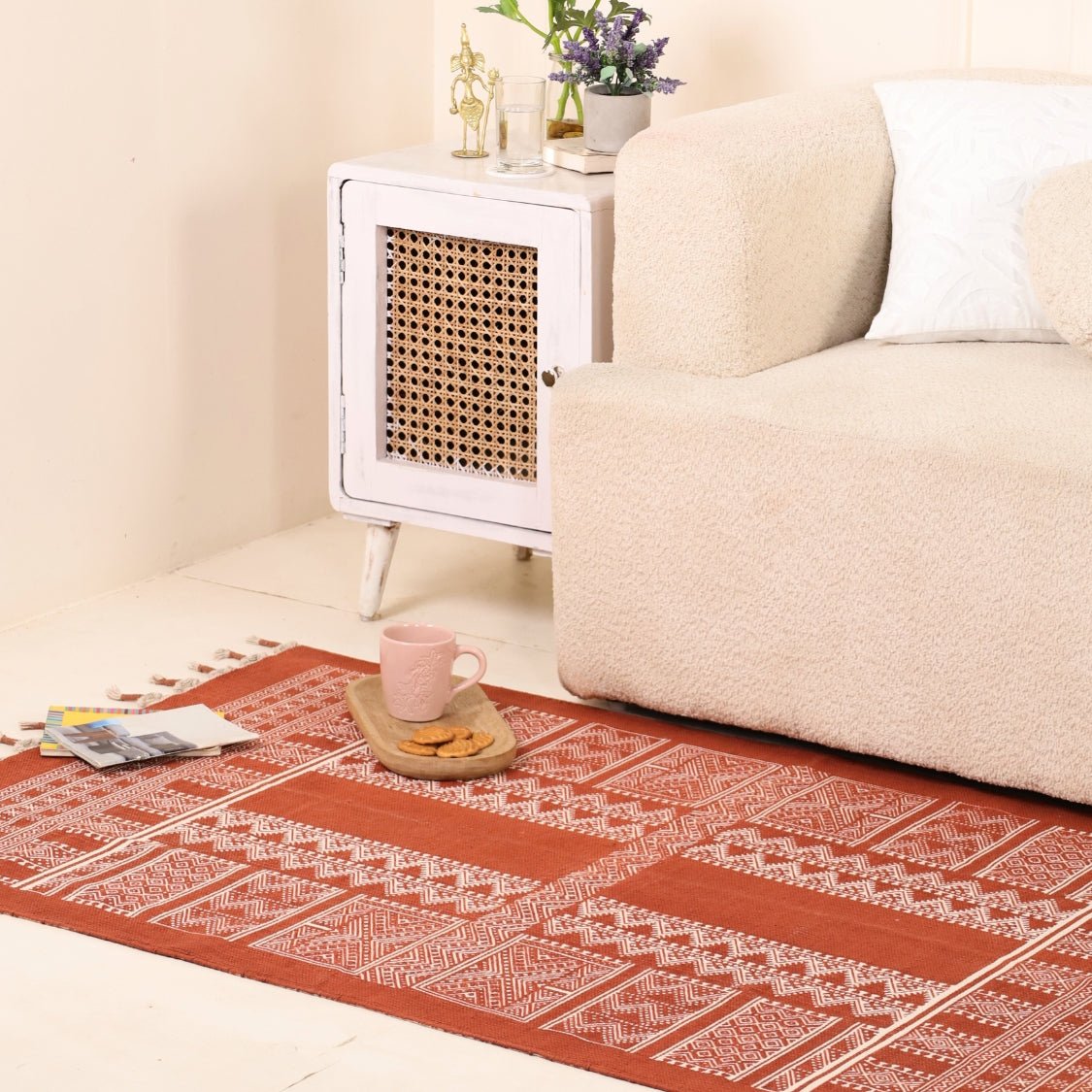 Cotton Floor Rug for Living Room and Bedroom handprinted in Jaipuri Mandana Block Design in Rust brown colour| Soft Washable Area Rug