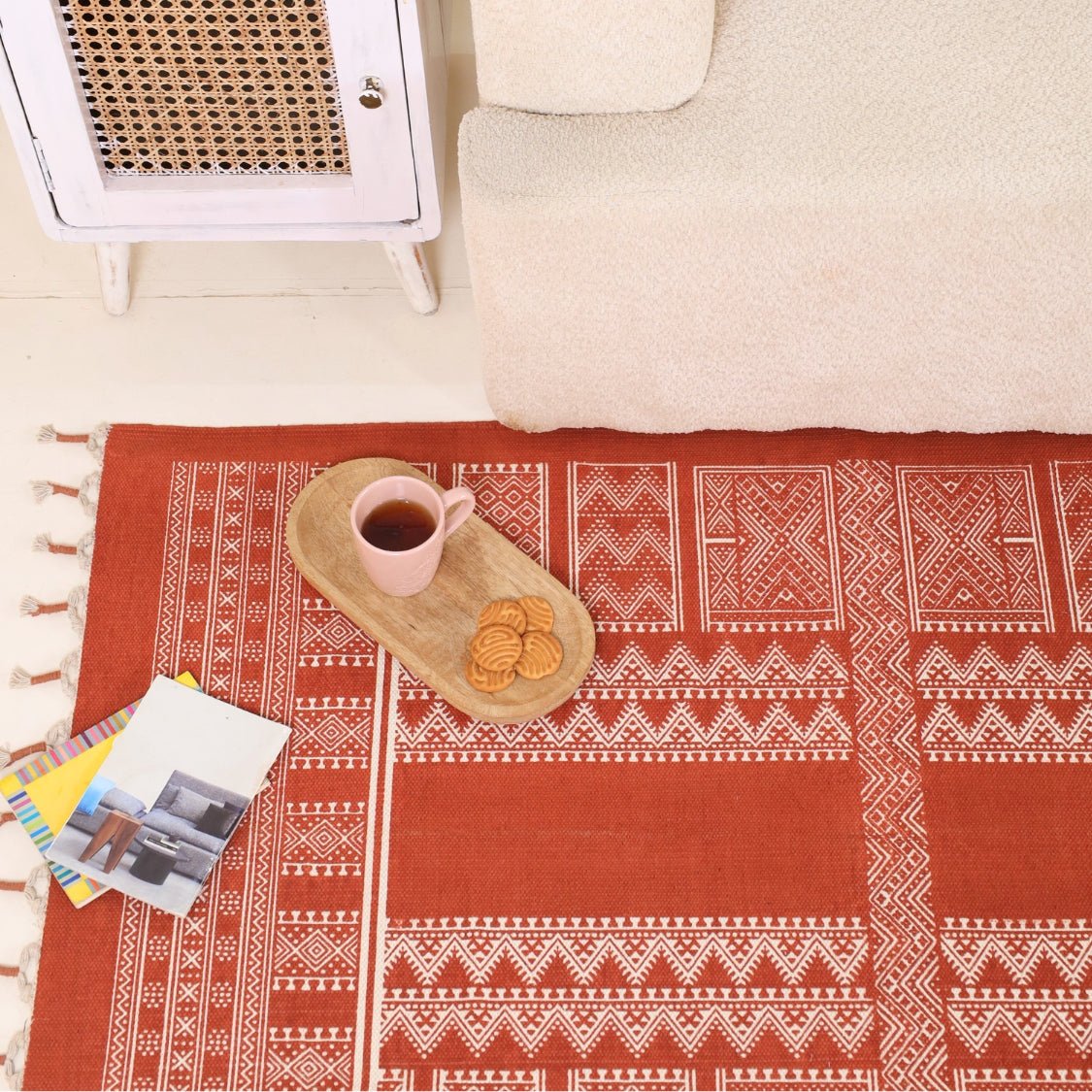 Cotton Floor Rug for Living Room and Bedroom handprinted in Jaipuri Mandana Block Design in Rust brown colour| Soft Washable Area Rug