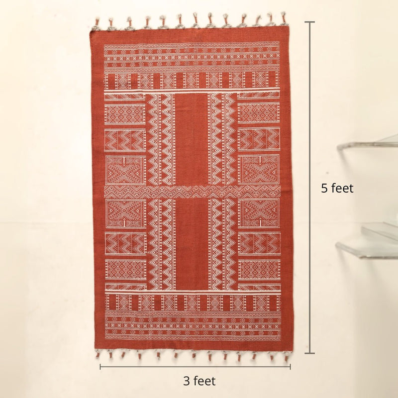 Cotton Floor Rug for Living Room and Bedroom handprinted in Jaipuri Mandana Block Design in Rust brown colour| Soft Washable Area Rug