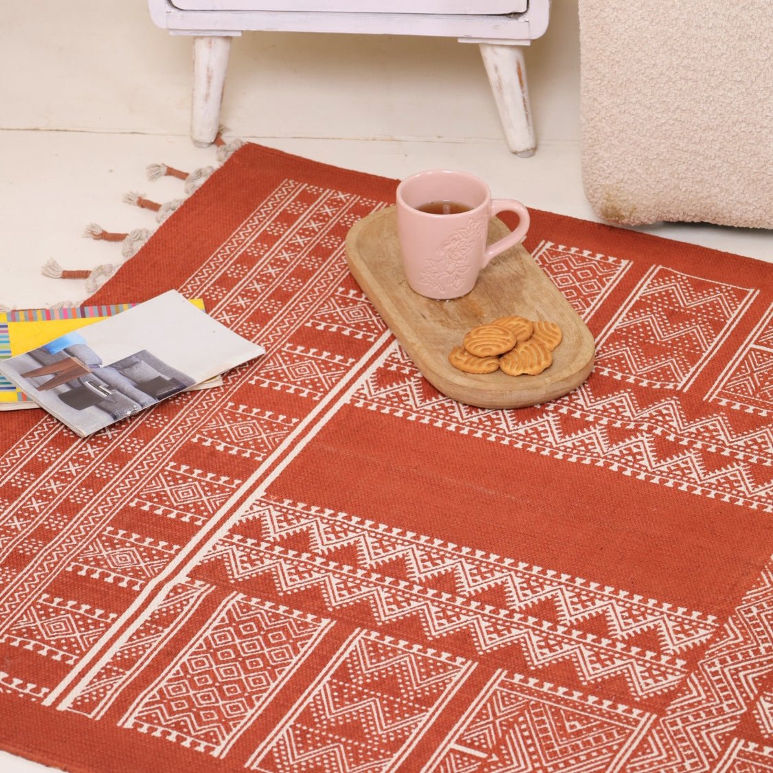 Cotton Floor Rug for Living Room and Bedroom handprinted in Jaipuri Mandana Block Design in Rust brown colour| Soft Washable Area Rug