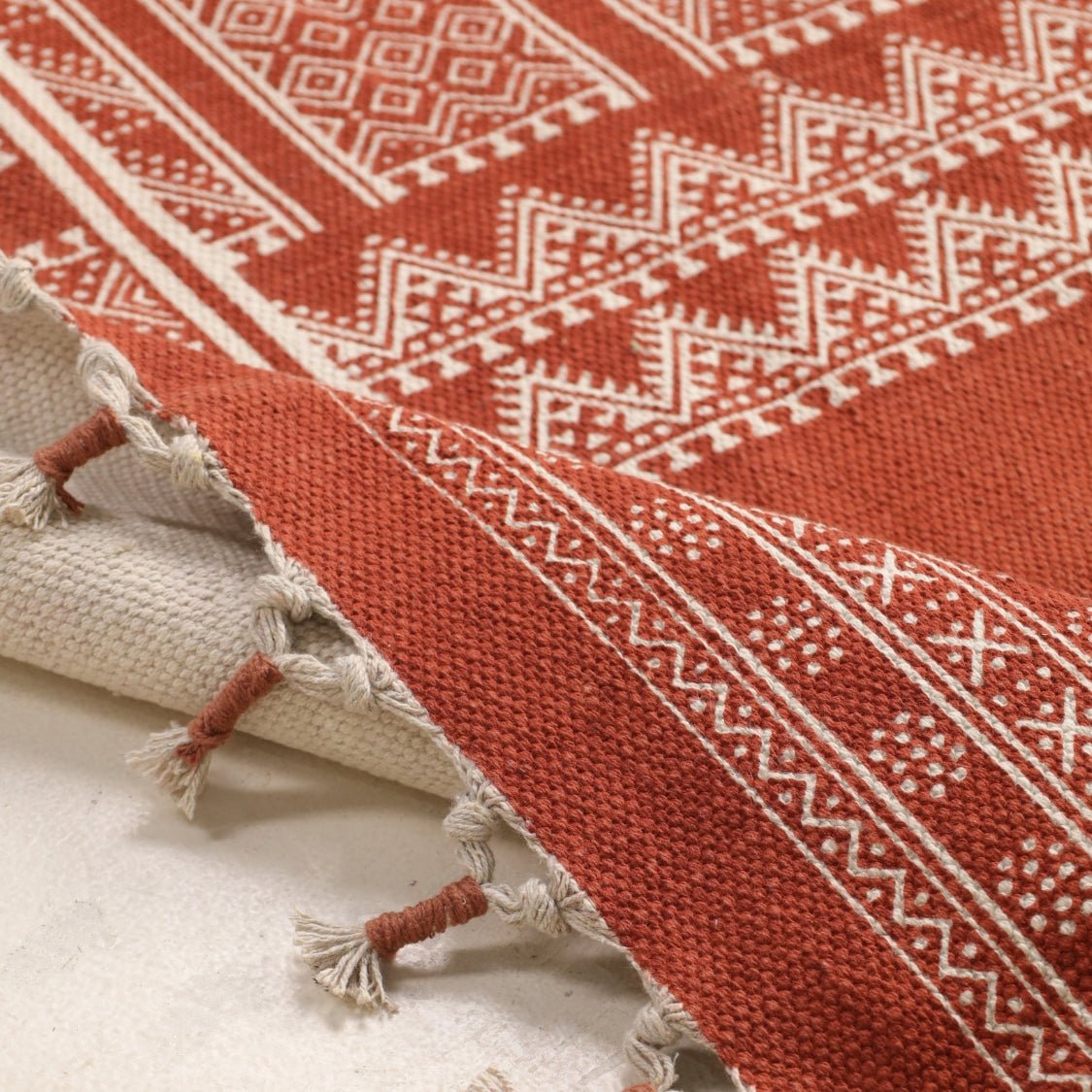 Cotton Floor Rug for Living Room and Bedroom handprinted in Jaipuri Mandana Block Design in Rust brown colour| Soft Washable Area Rug