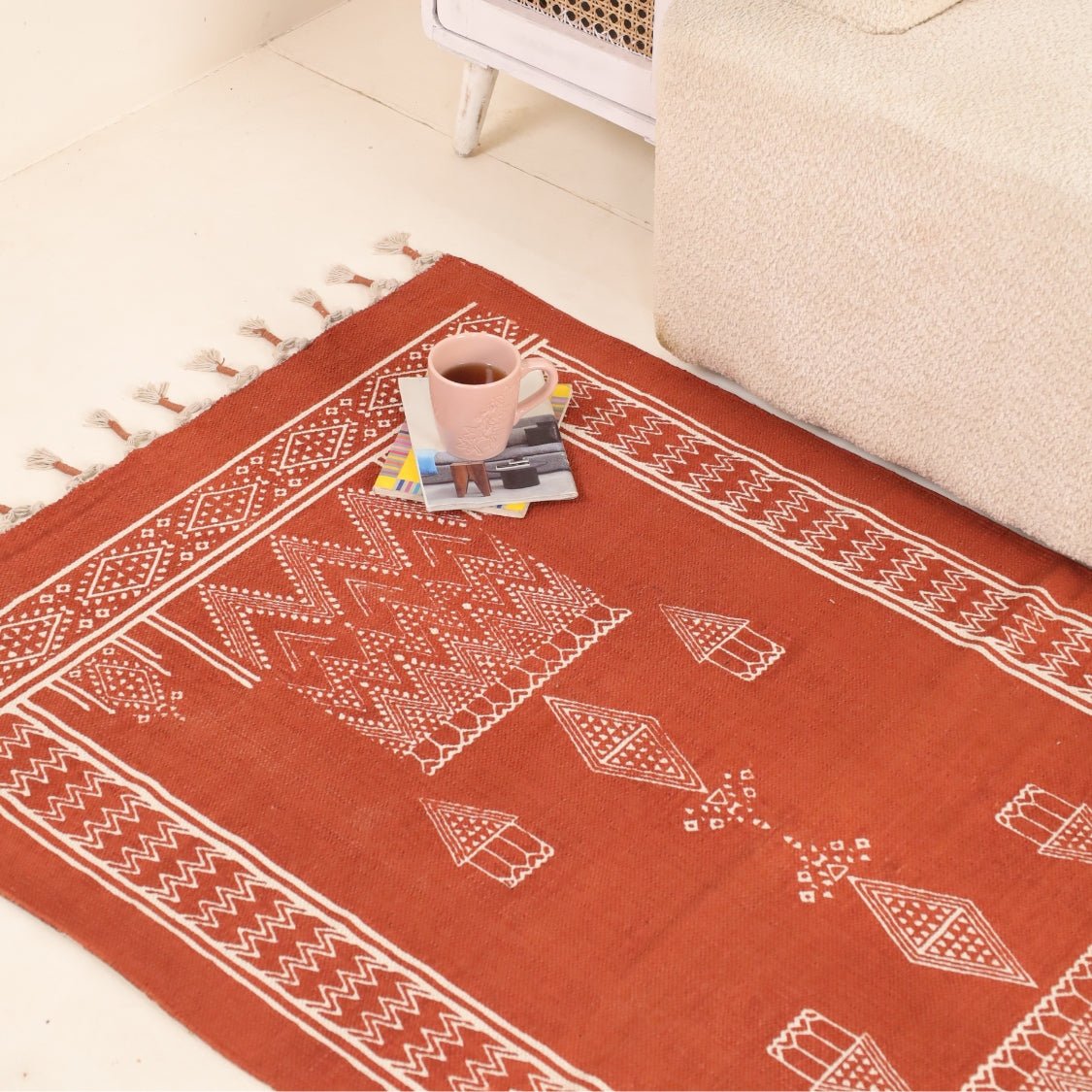 Cotton Floor Rug for Living Room and Bedroom handprinted in Jaipuri Mandana Diamond Hut Design, Rust brown colour| Soft Washable Area Rug