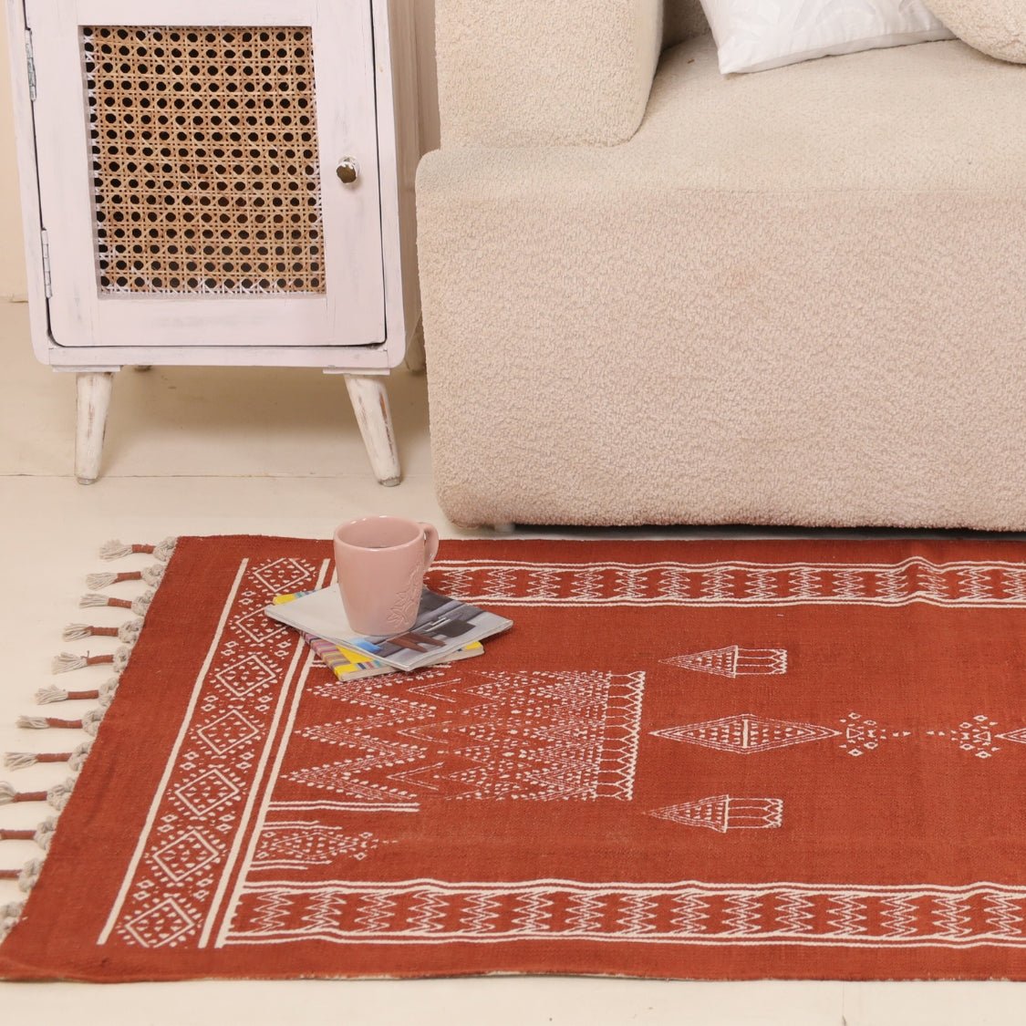 Cotton Floor Rug for Living Room and Bedroom handprinted in Jaipuri Mandana Diamond Hut Design, Rust brown colour| Soft Washable Area Rug
