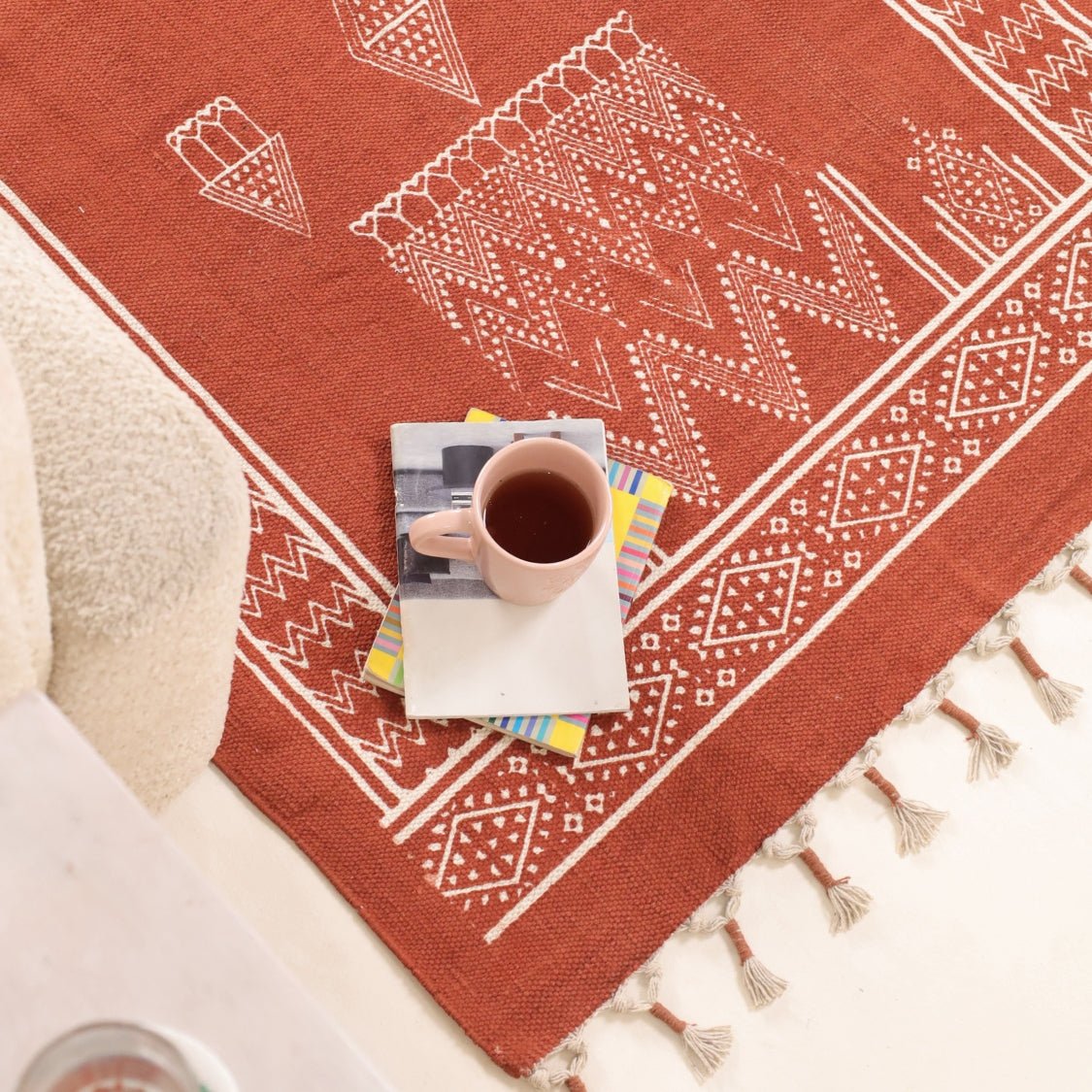 Cotton Floor Rug for Living Room and Bedroom handprinted in Jaipuri Mandana Diamond Hut Design, Rust brown colour| Soft Washable Area Rug