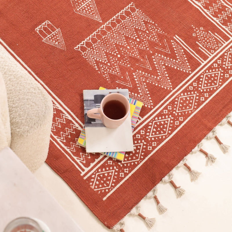 Cotton Floor Rug for Living Room and Bedroom handprinted in Jaipuri Mandana Diamond Hut Design, Rust brown colour| Soft Washable Area Rug