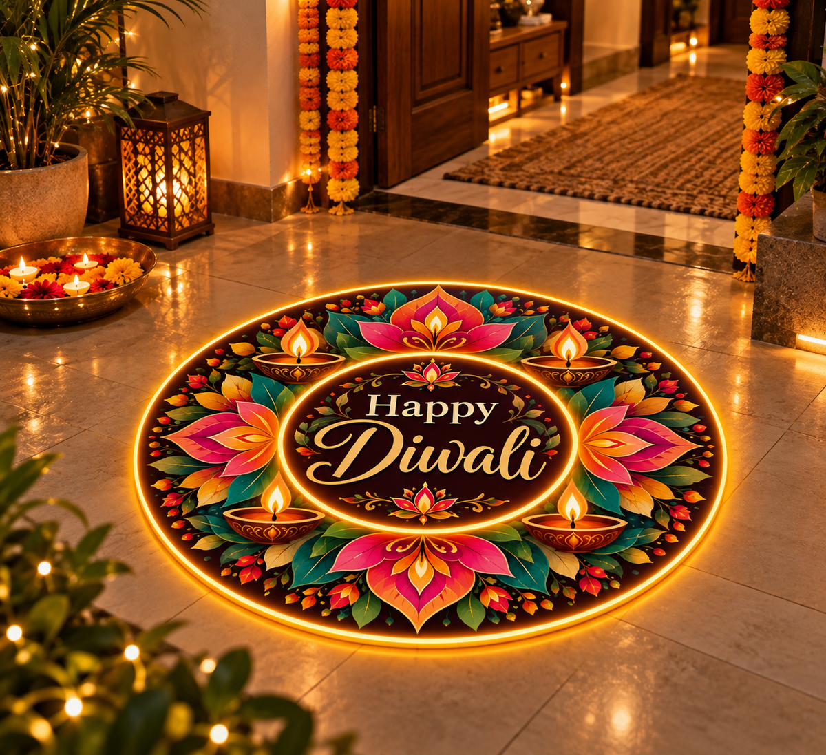 Happy Diwali LED rangoli with lotus flowers and diyas glowing at a home entrance