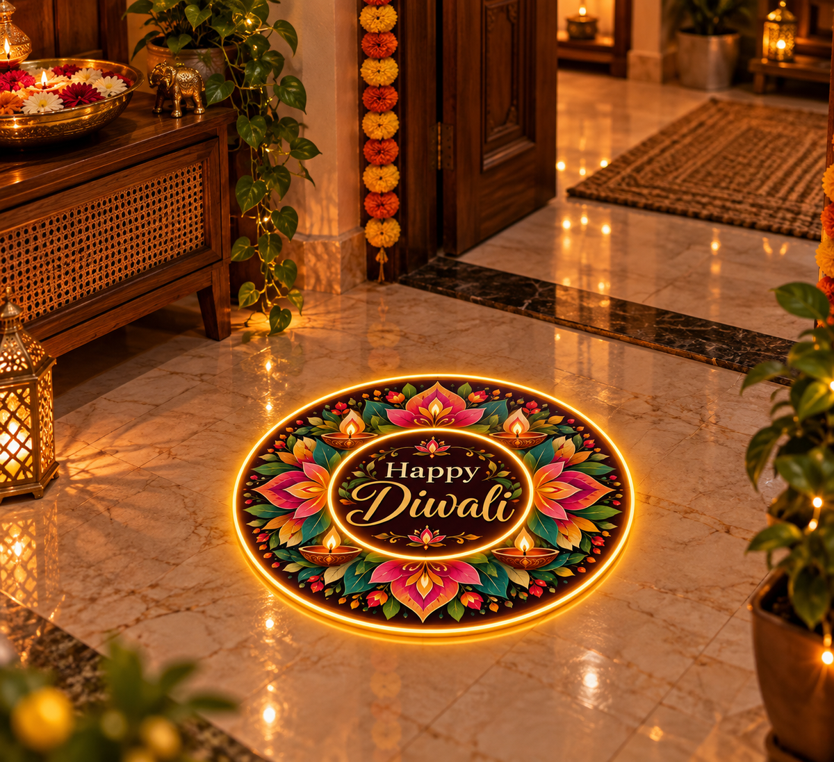 Glowing lotus and diya Happy Diwali LED rangoli in a festive entryway