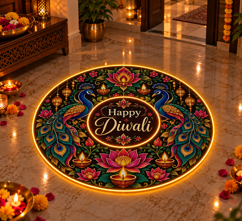 Happy Diwali LED rangoli with peacocks and lotus glowing in a festive entryway