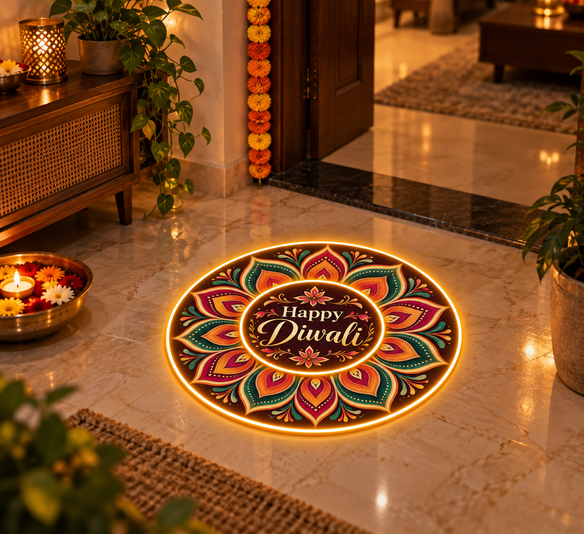 Happy Diwali LED rangoli with petal mandala design glowing at a home entryway