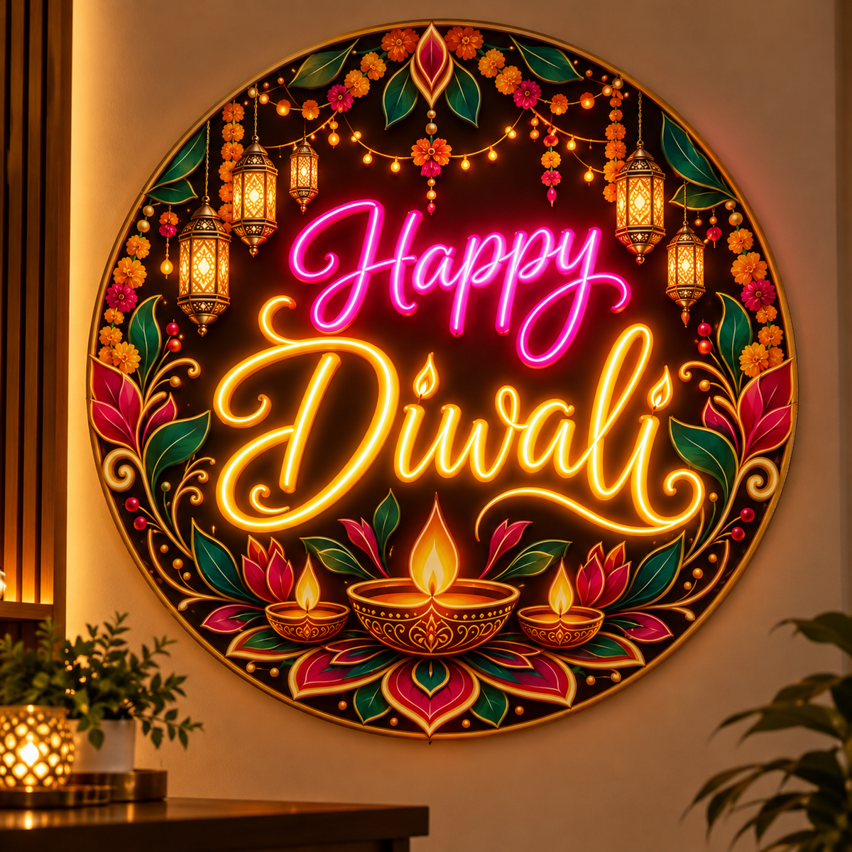 Round Happy Diwali neon wall sign with lanterns, diyas and marigold art